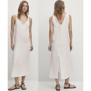 Massimo Dutti Womens Midi Dress XS White Linen Sleeveless V-Neck 6609/609 NWT